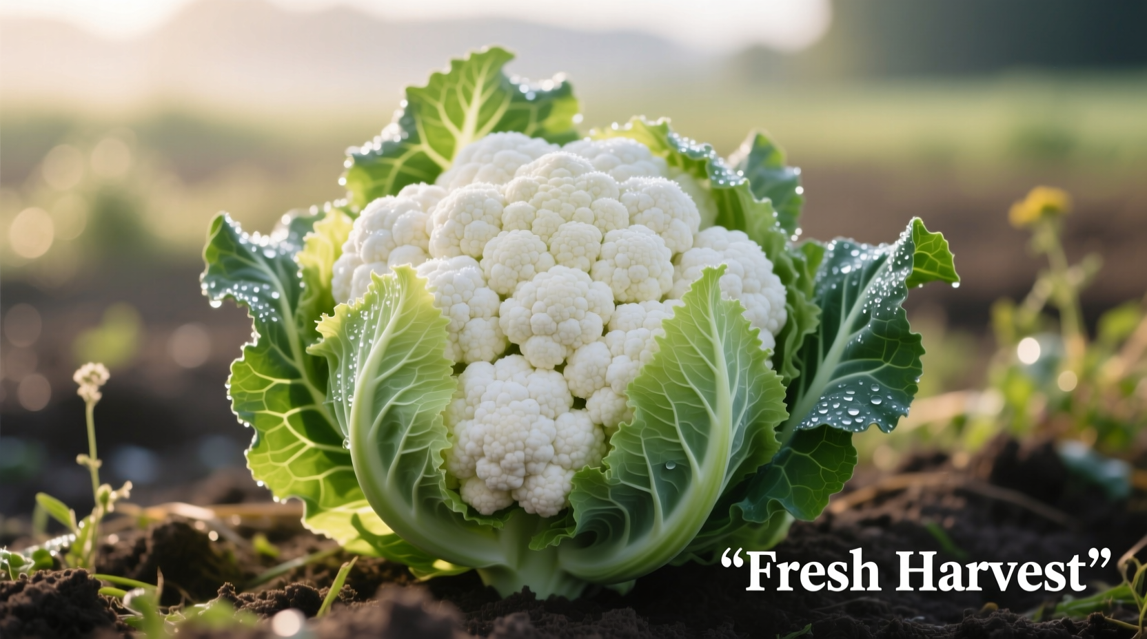 Fresh cauliflower head with green leaves