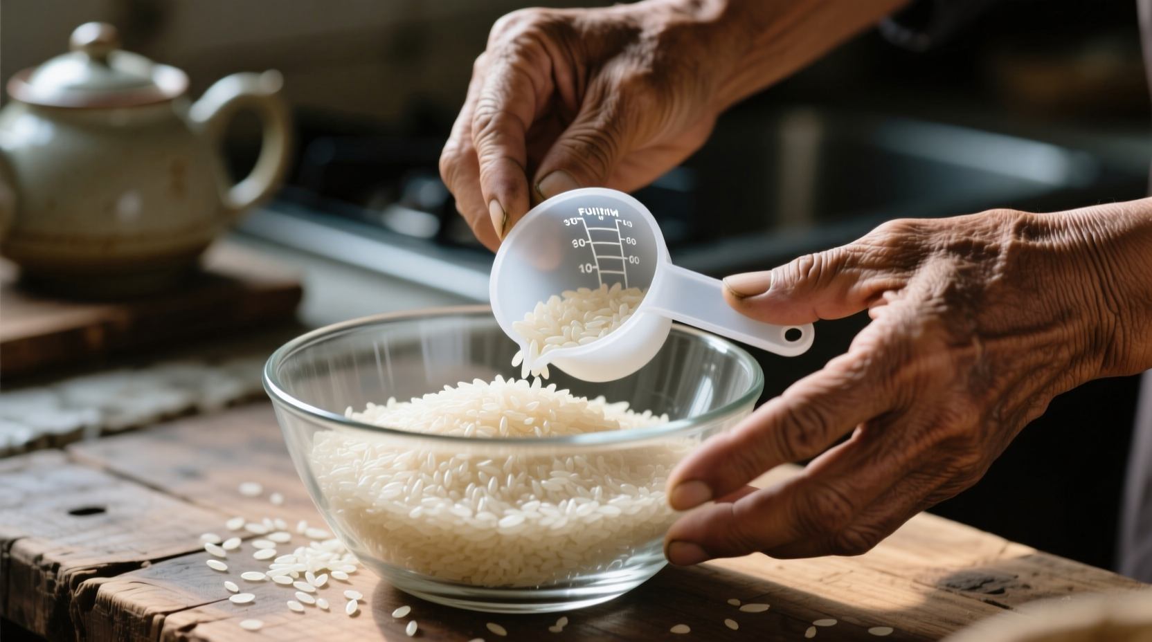 Hands measuring rice in glass bowl with measuring cup