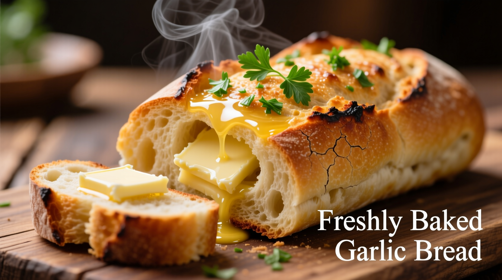 Freshly baked garlic bread with melted butter