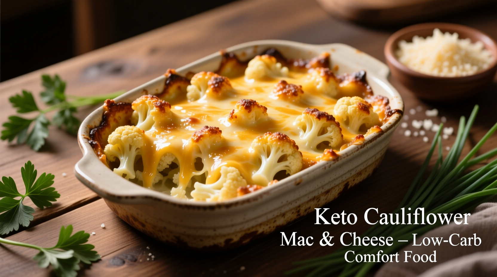 Keto cauliflower mac and cheese in baking dish