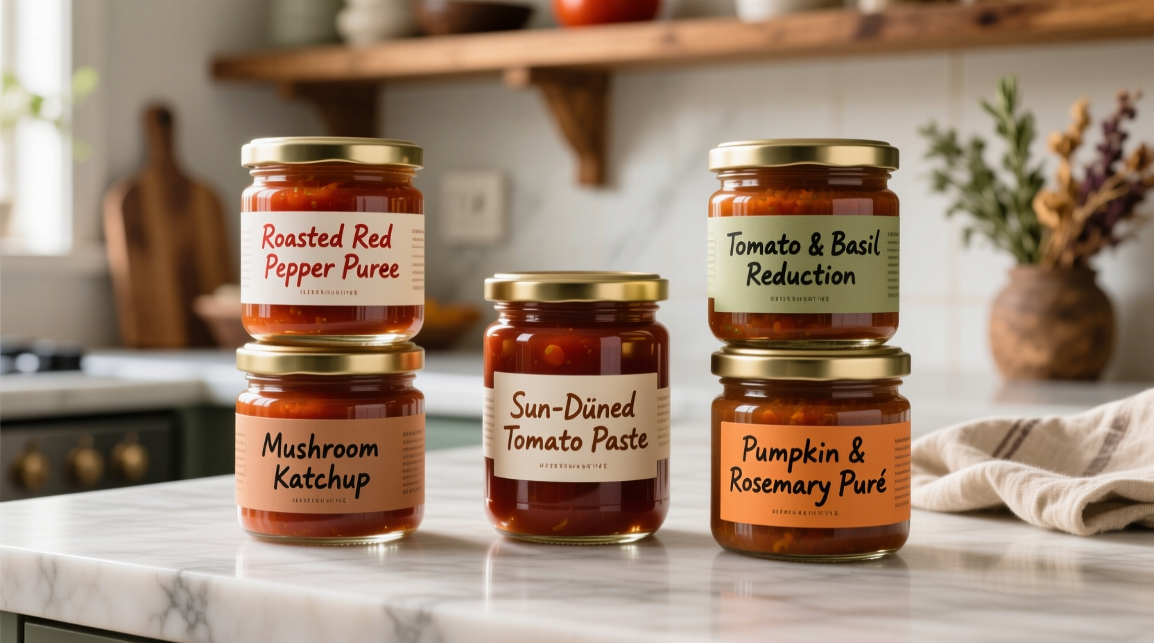 Five tomato paste alternatives in glass jars