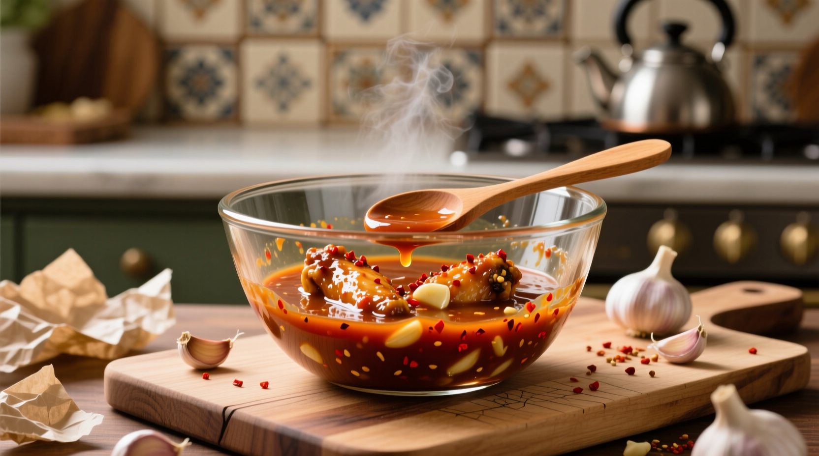 Homemade garlic buffalo wing sauce in glass bowl