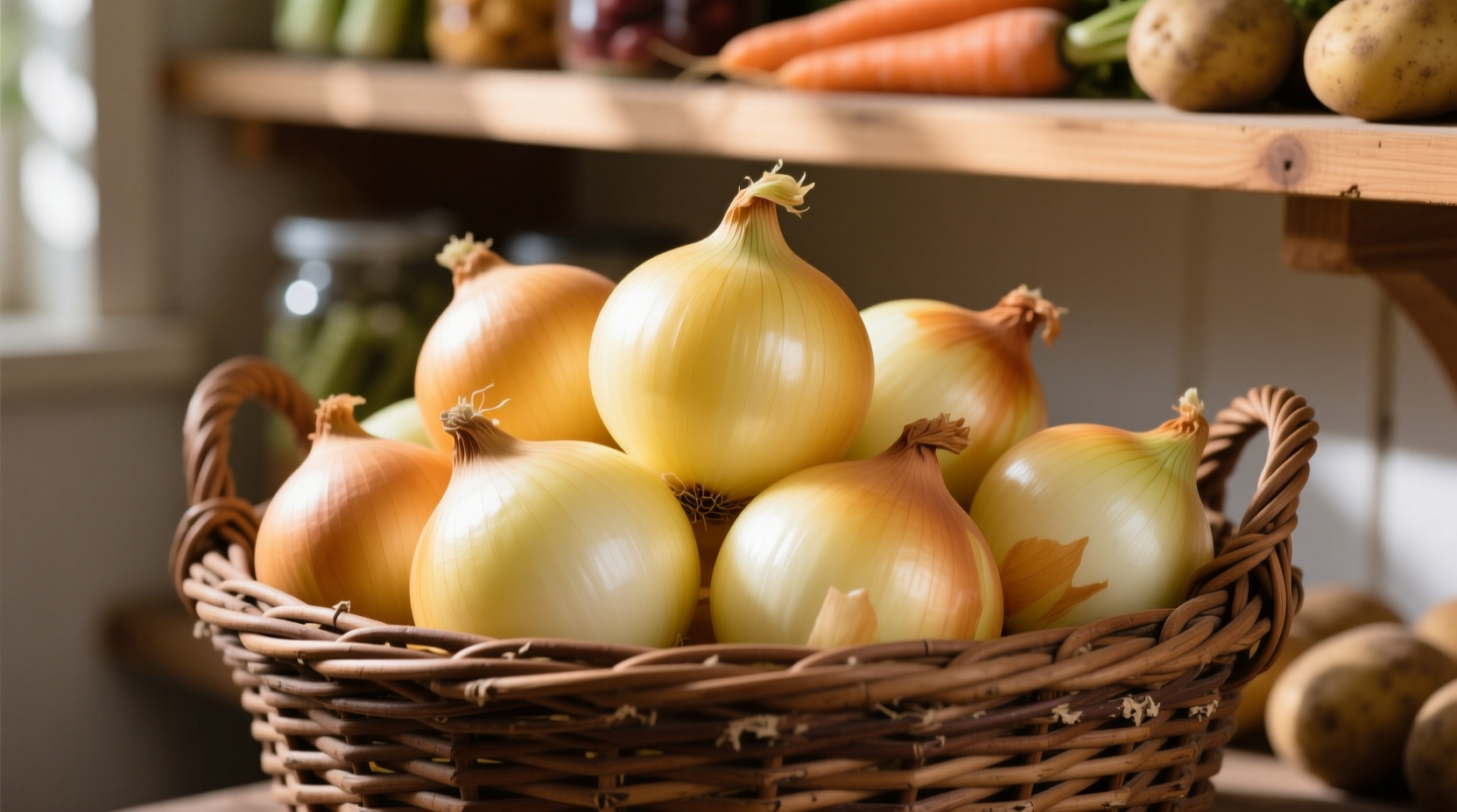 Fresh yellow onions in a woven basket with proper storage