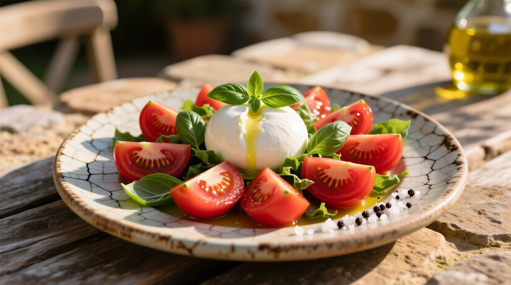 Fresh tomato and burrata salad on rustic plate