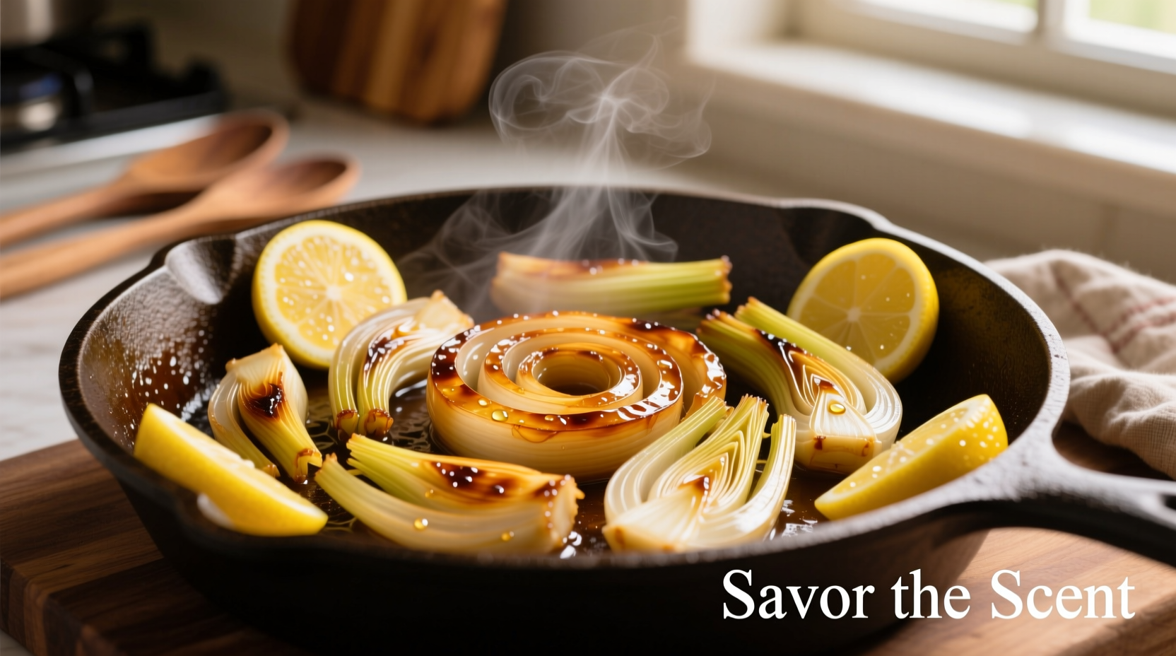 Golden braised fennel wedges in cast iron skillet with lemon slices
