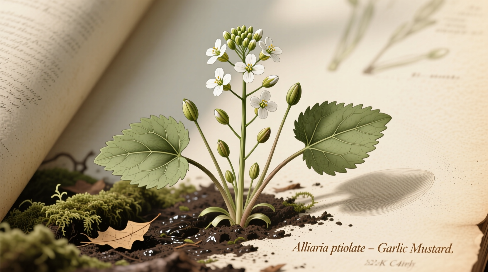 Fresh garlic mustard shoots with white flowers