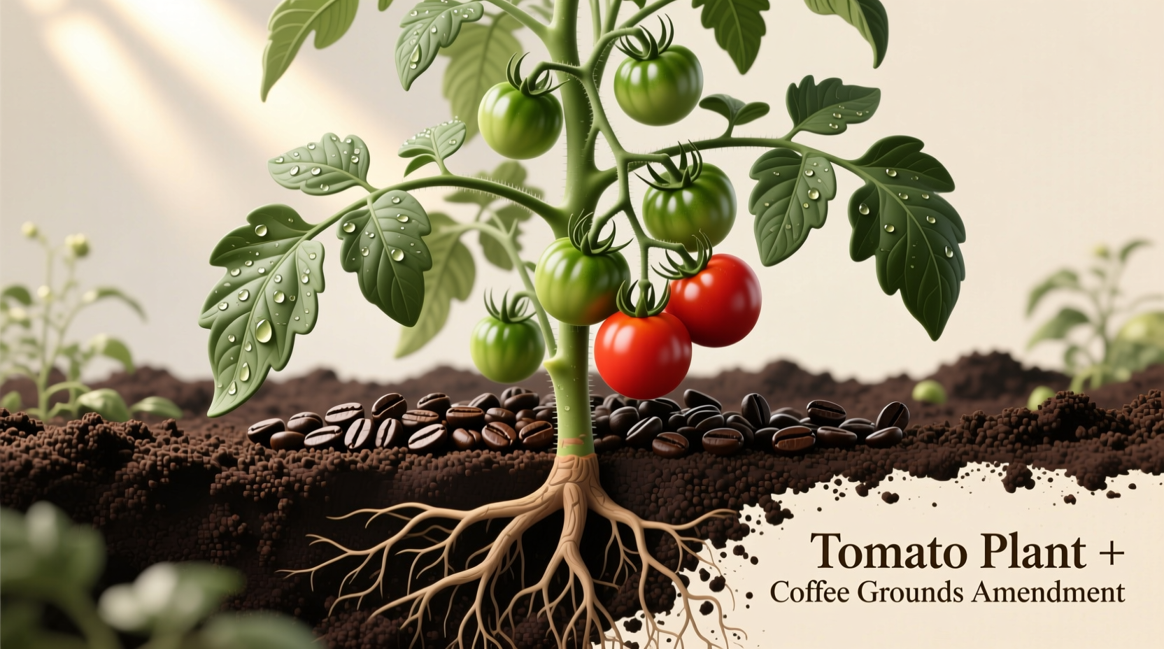 Tomato plant thriving with coffee ground soil amendment