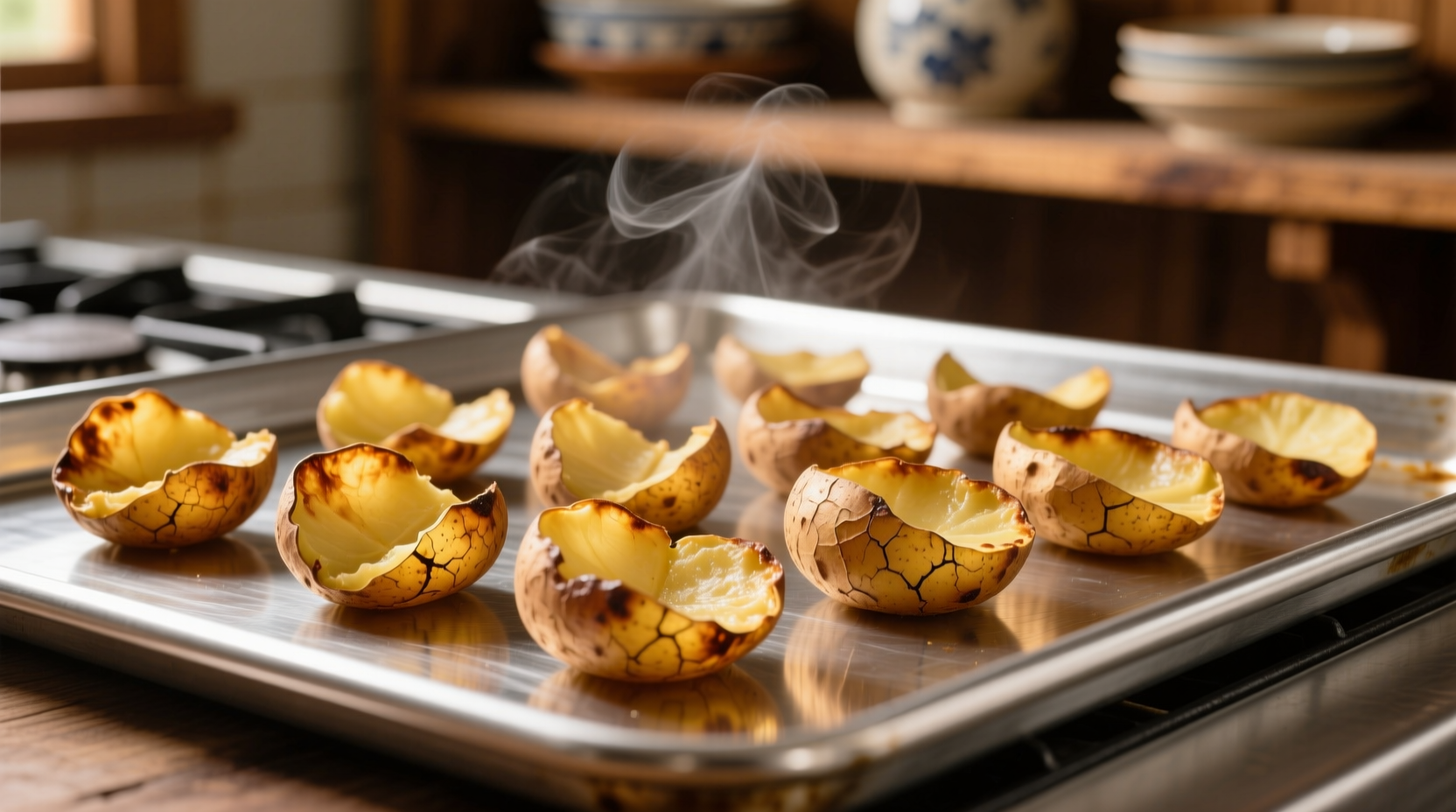 Golden brown potato skins on baking sheet