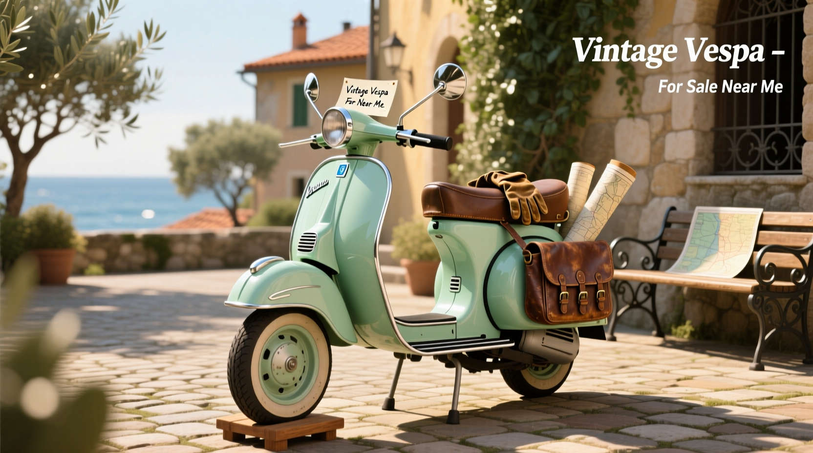 Vintage Vespa scooter for sale near me, parked on a quiet street