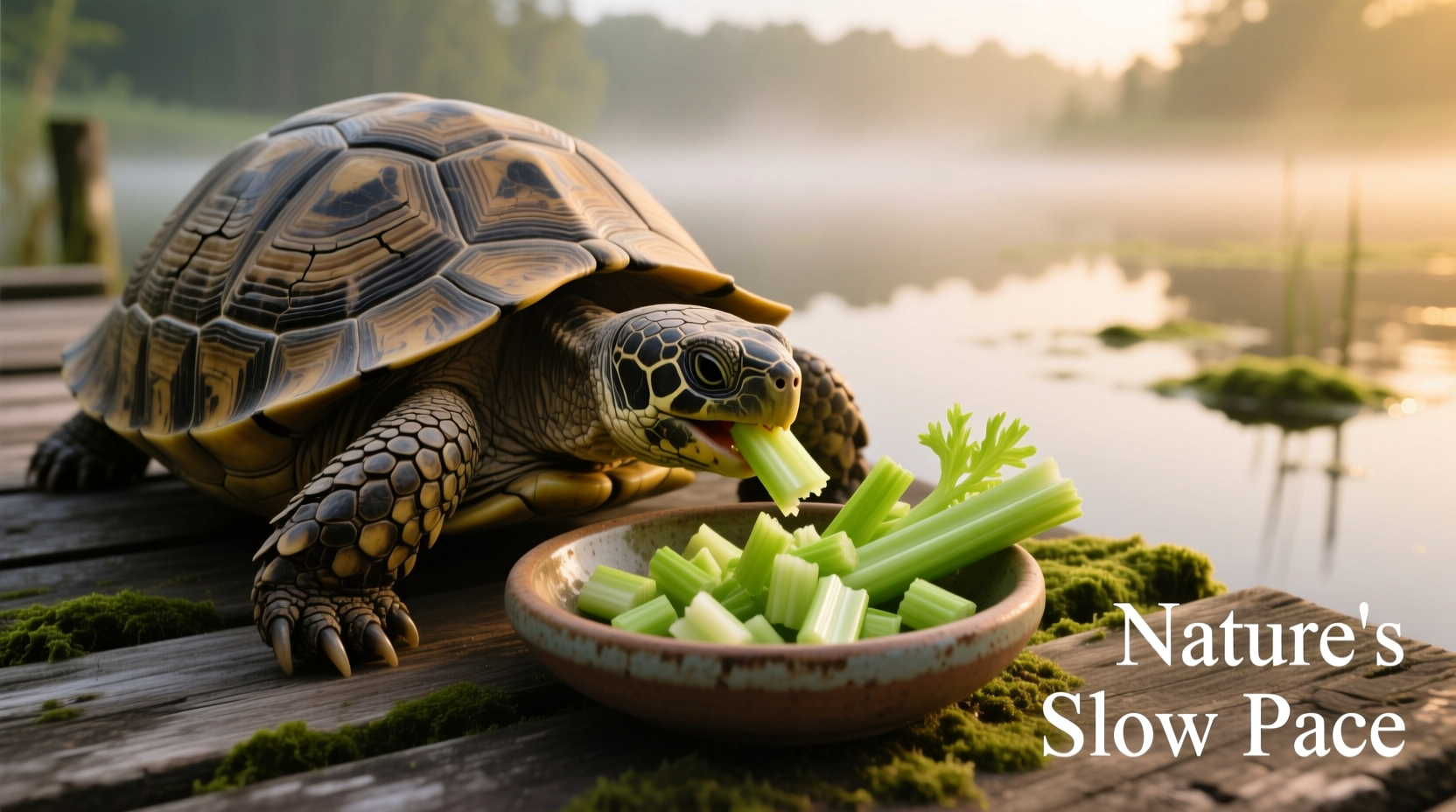Turtle eating chopped celery pieces from feeding dish