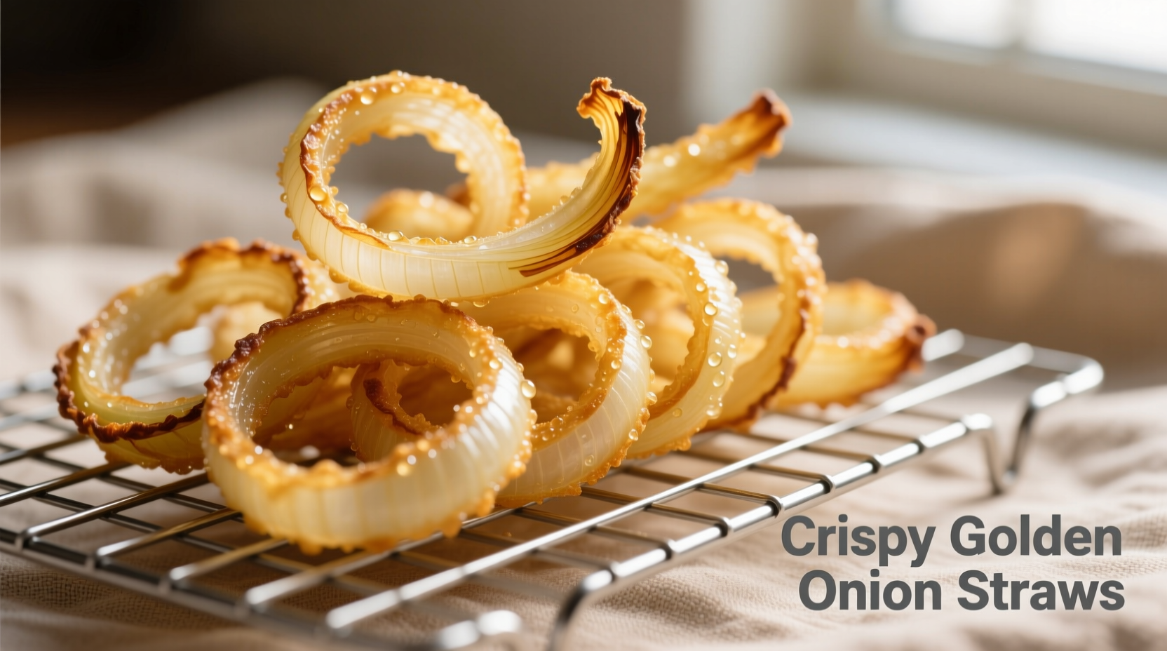 Golden crispy onion straws on wire rack