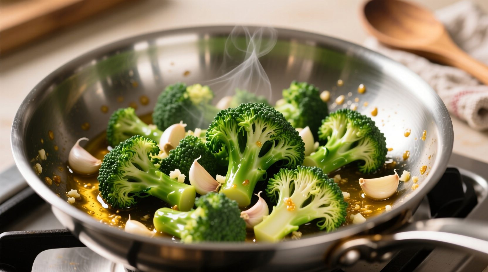 Perfectly sautéed broccoli with garlic in stainless steel pan