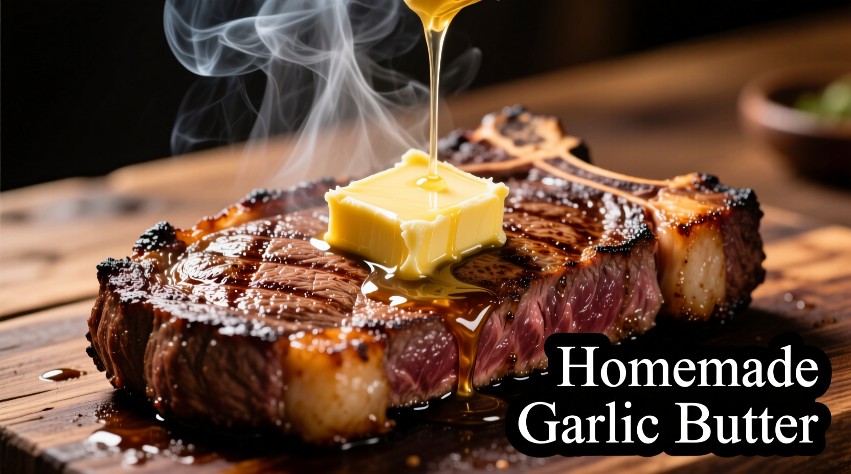 Homemade garlic butter sliced onto sizzling steak