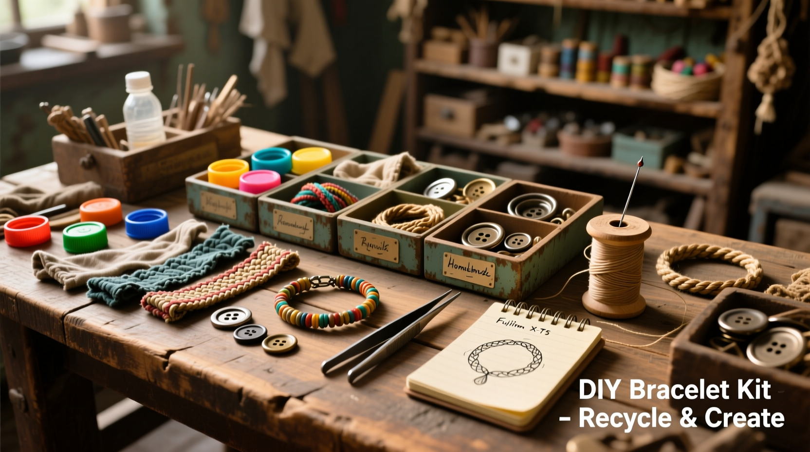 Recycled materials toolkit for homemade bracelets