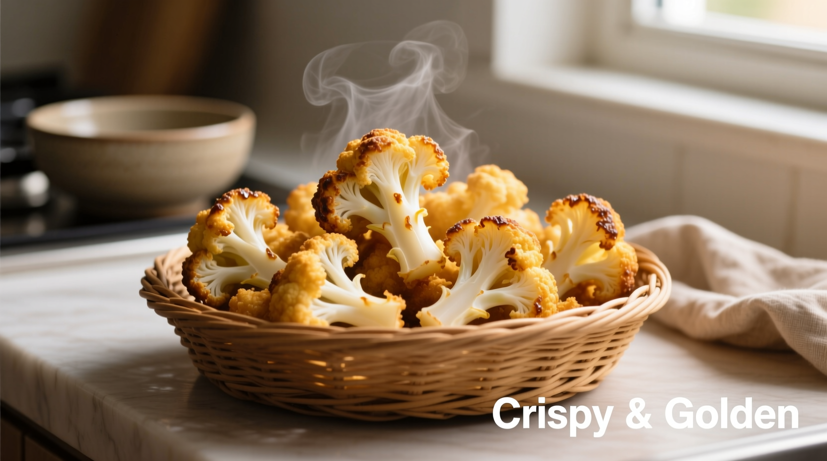 Golden air-fried cauliflower florets in basket