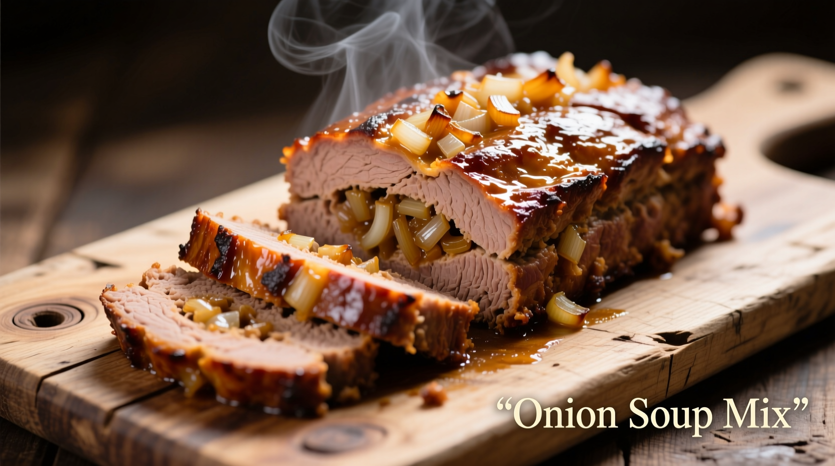 Perfectly sliced meatloaf with onion soup mix on rustic wooden board