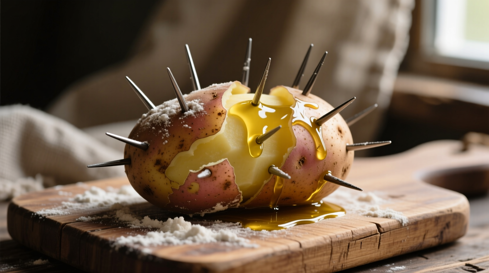Russet potato preparation with fork piercings and oil application