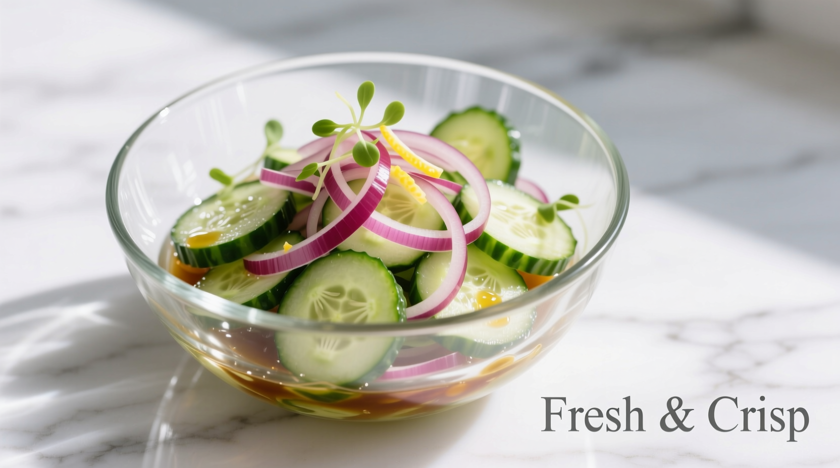 Fresh cucumber red onion salad in glass bowl