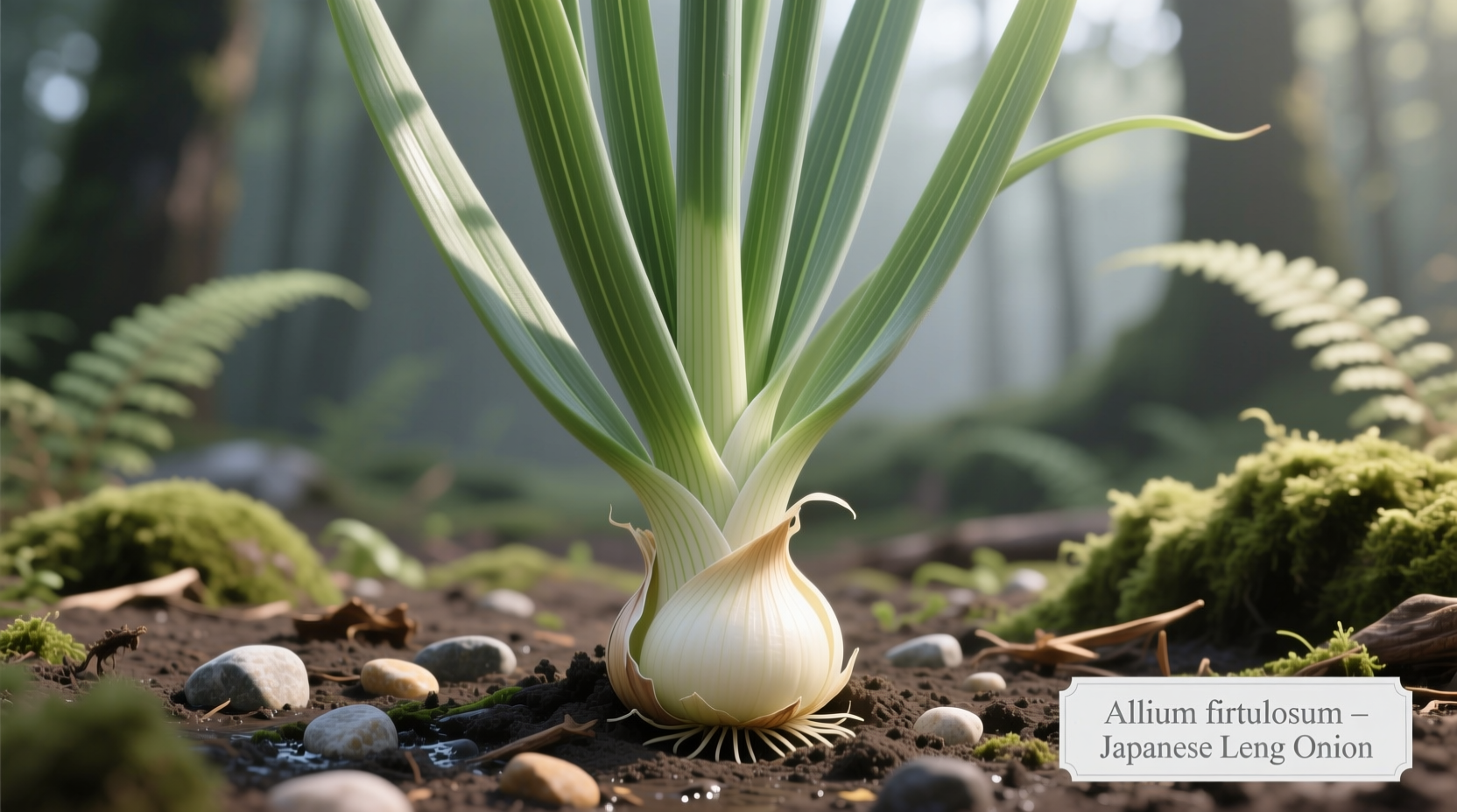 Wild onion plant showing hollow leaves and small bulb