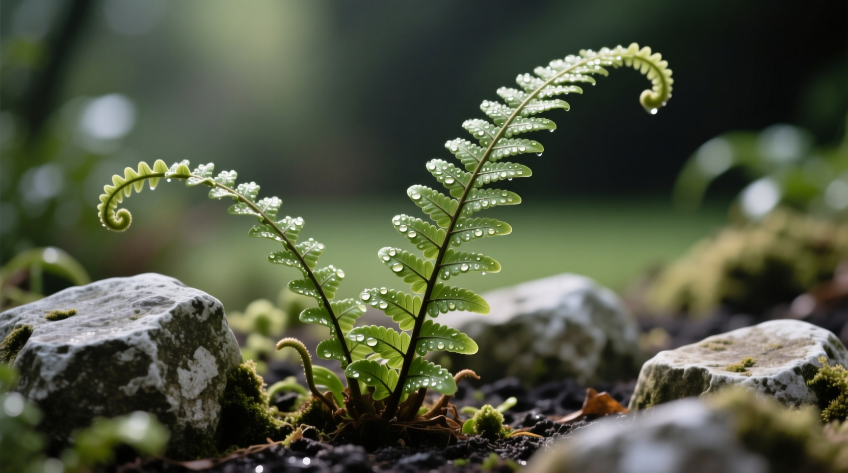 Hart's Tongue Fern growing in shaded garden bed with limestone rocks