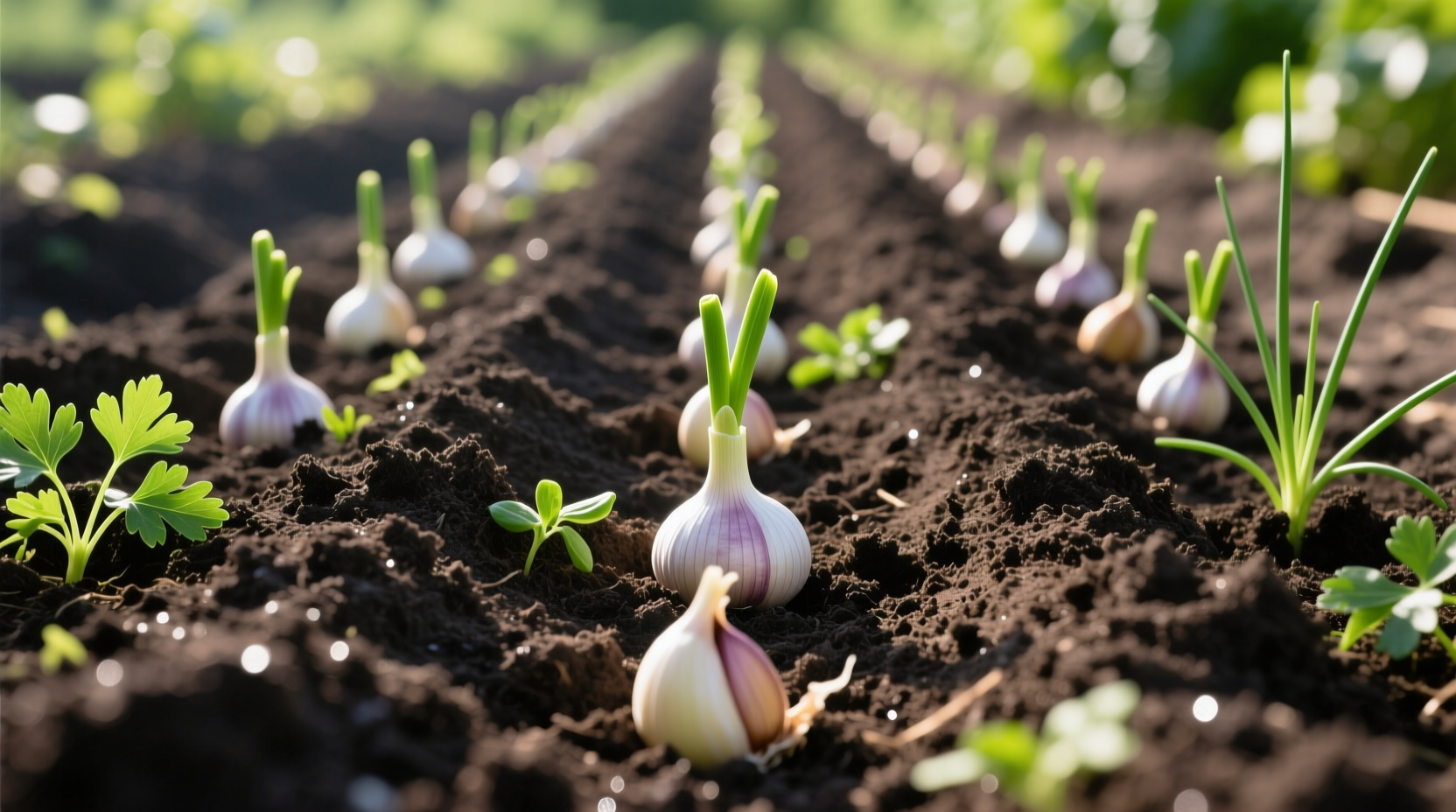 Garlic cloves planted in prepared garden soil