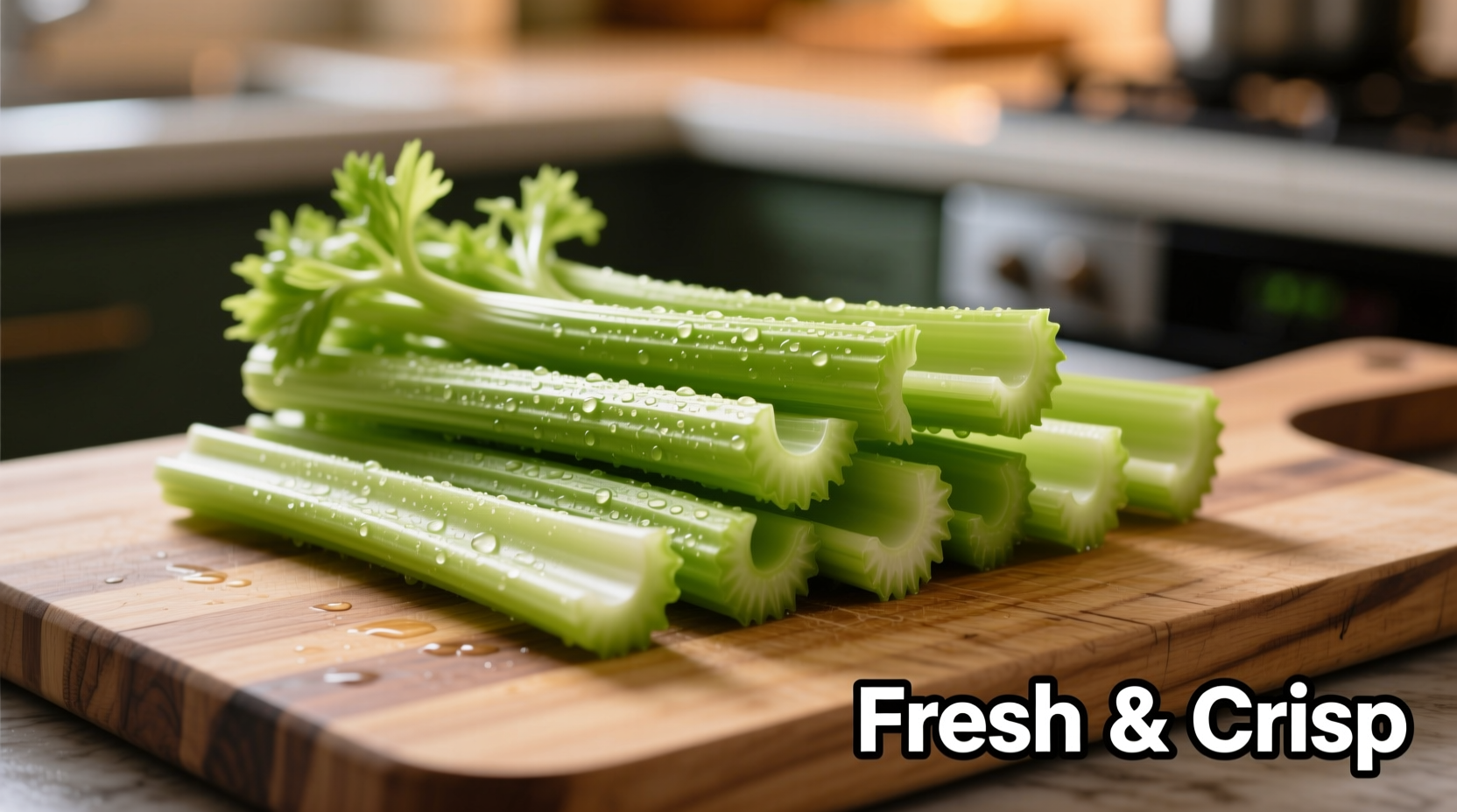 Fresh celery ribs separated on cutting board