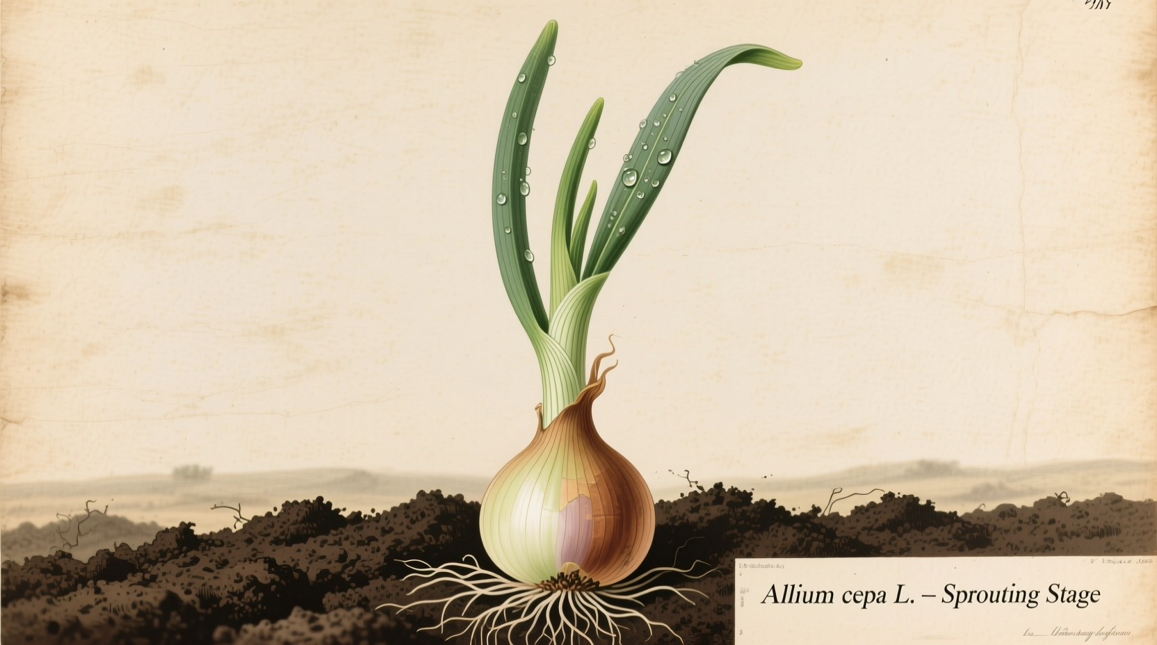 Sprouted onion planted in soil with green shoots