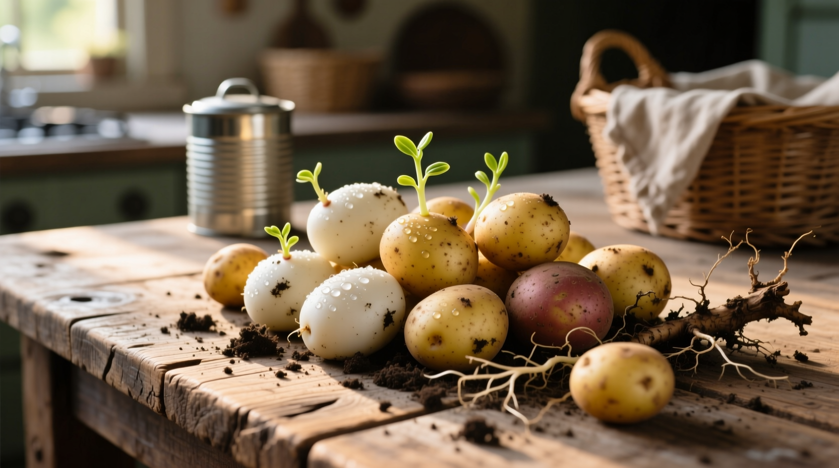 Fresh potatoes displayed on wooden table