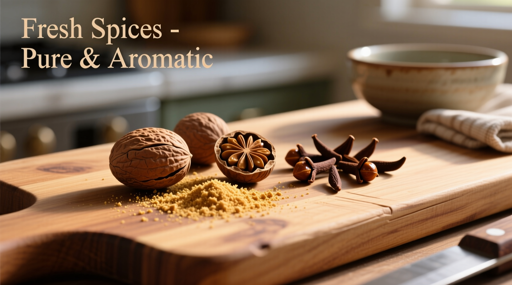 Fresh nutmeg and whole cloves on wooden cutting board