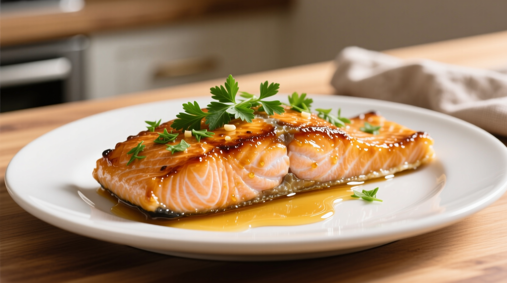 Golden honey garlic salmon with fresh parsley garnish
