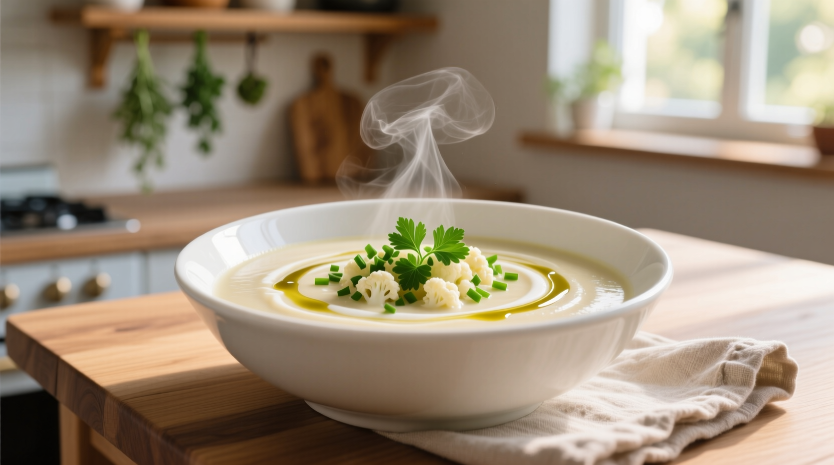 Creamy cauliflower soup in white bowl with fresh herbs