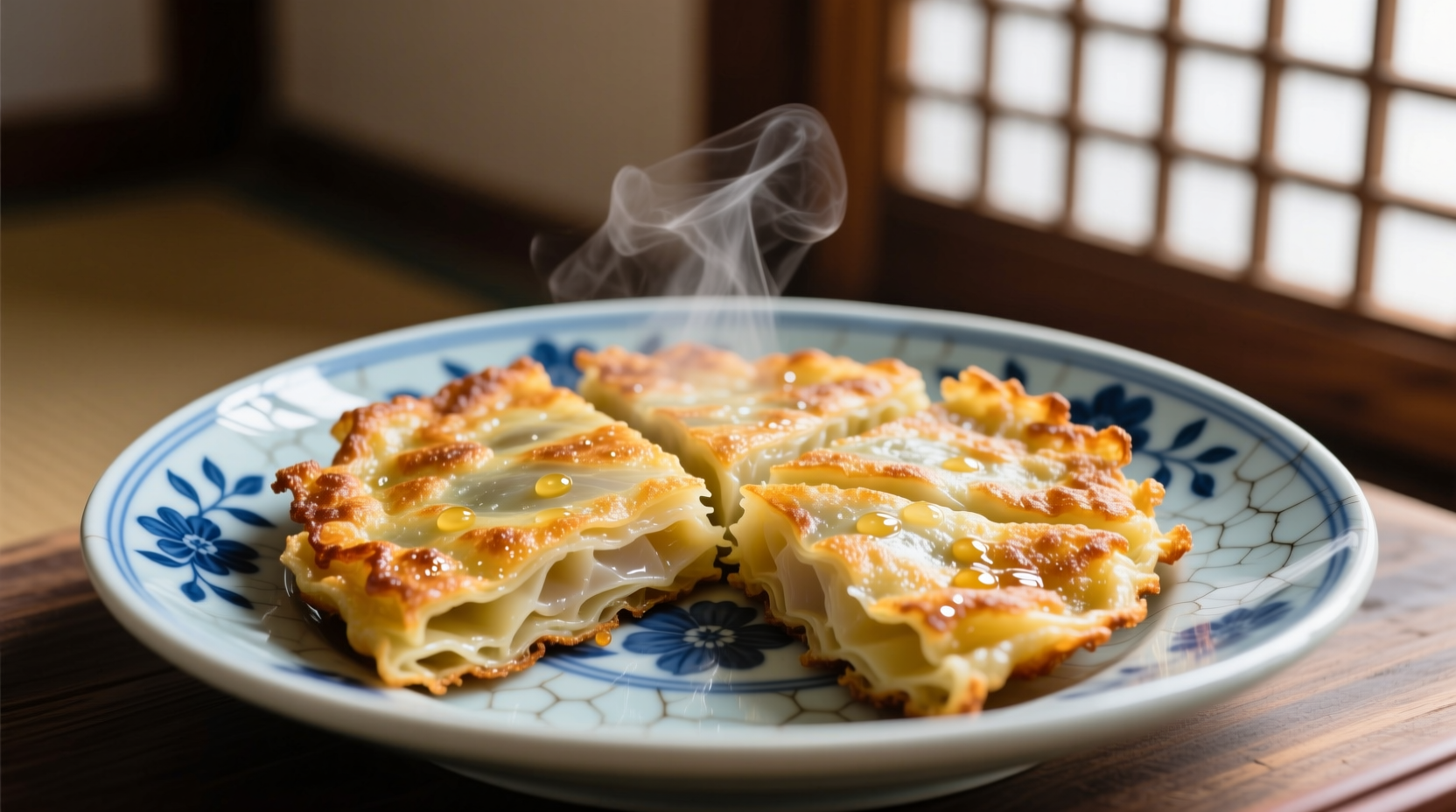 Crispy Korean potato pancakes on traditional blue porcelain
