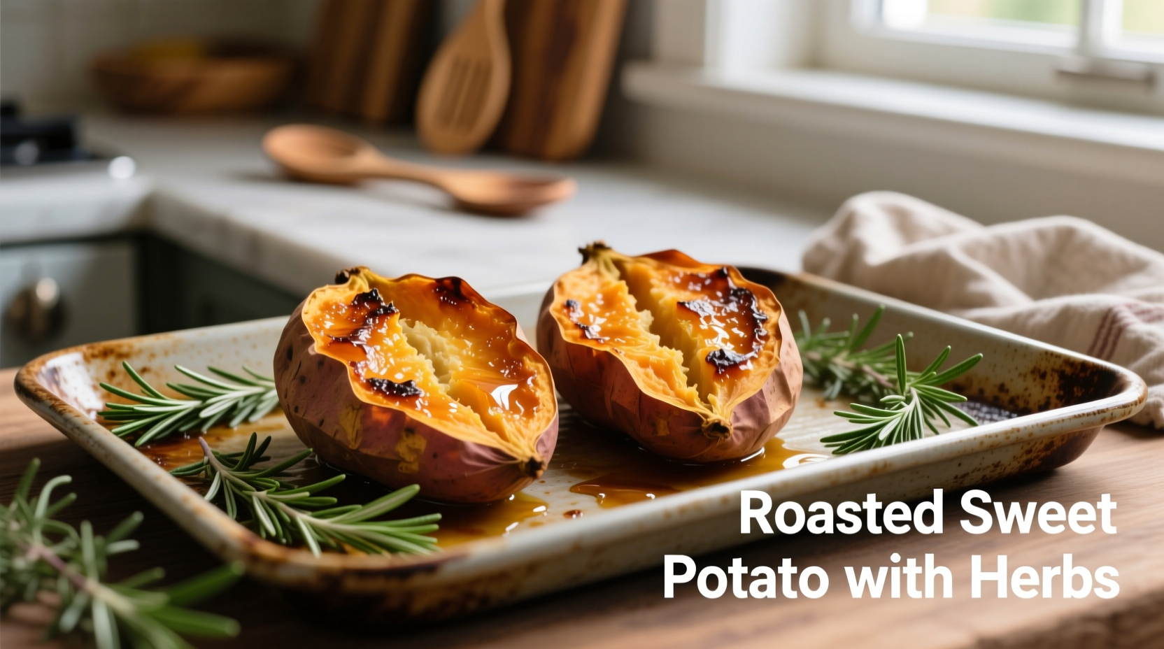 Roasted sweet potato halves on baking sheet with herbs