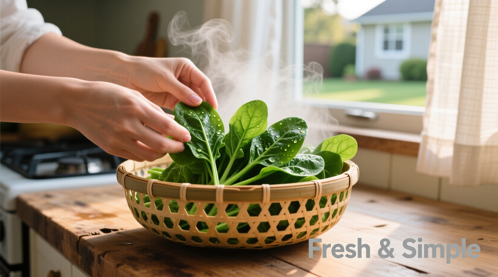 Hands placing fresh spinach in steamer basket