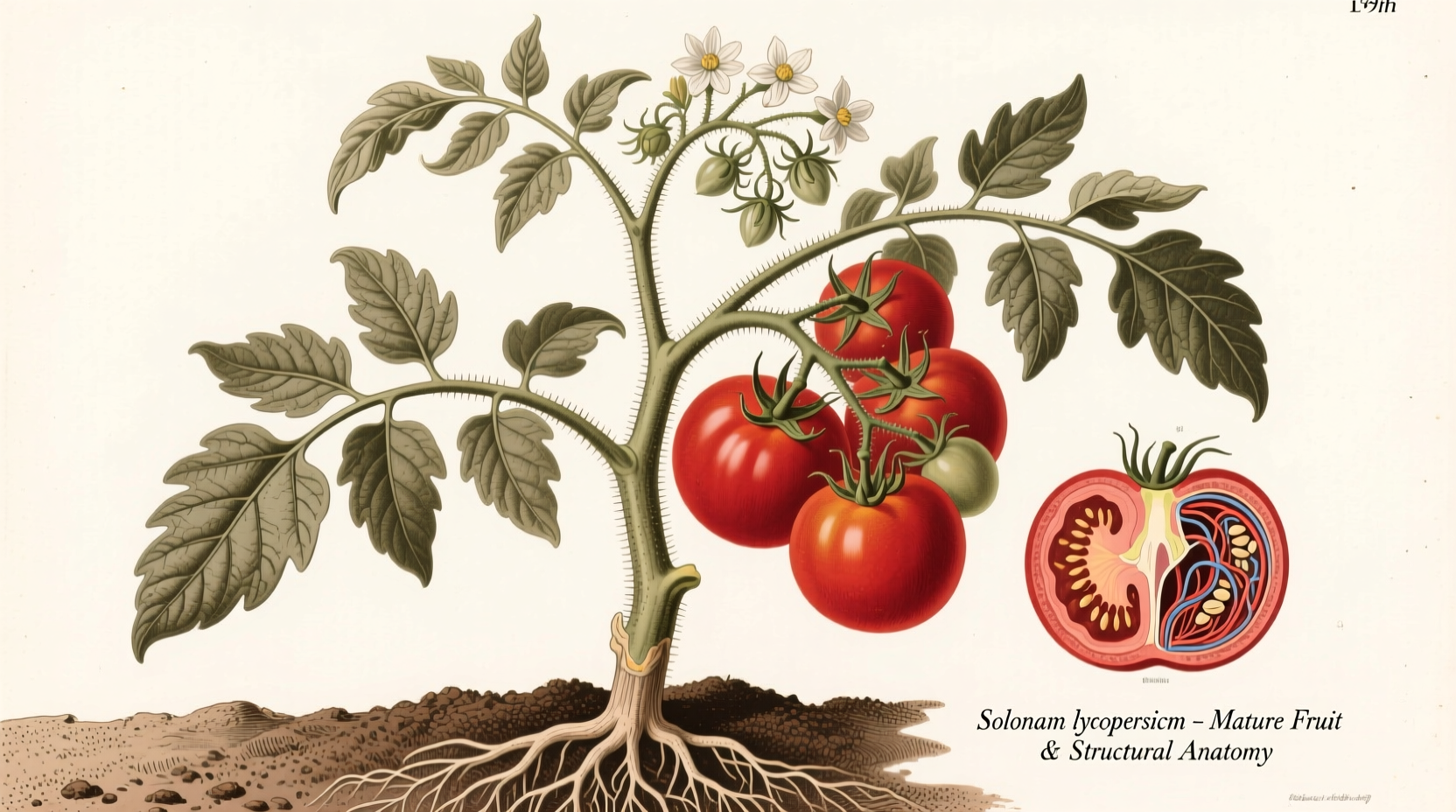 Tomato plant with ripe fruit showing botanical structure
