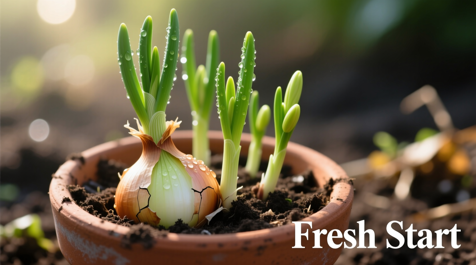 Sprouted onion planted in container with green shoots