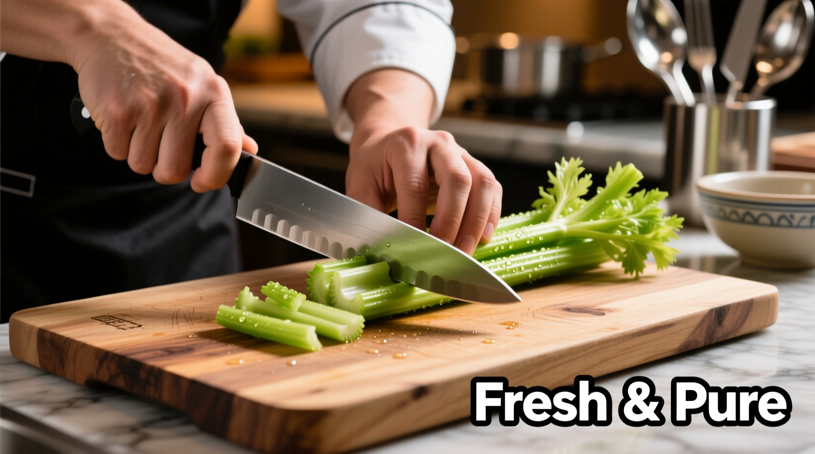 Chef slicing fresh celery stalks on cutting board