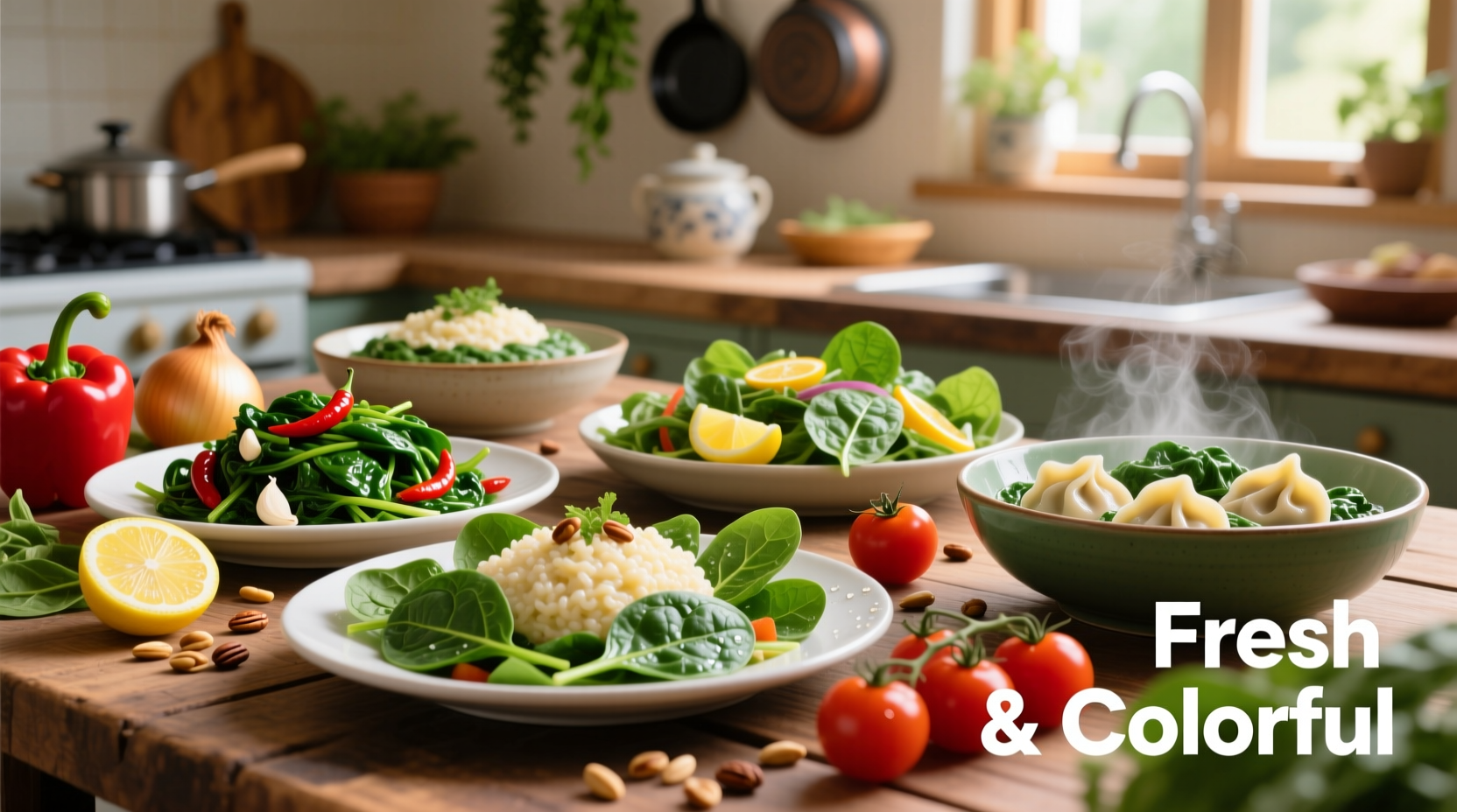 Colorful spinach dishes with fresh ingredients