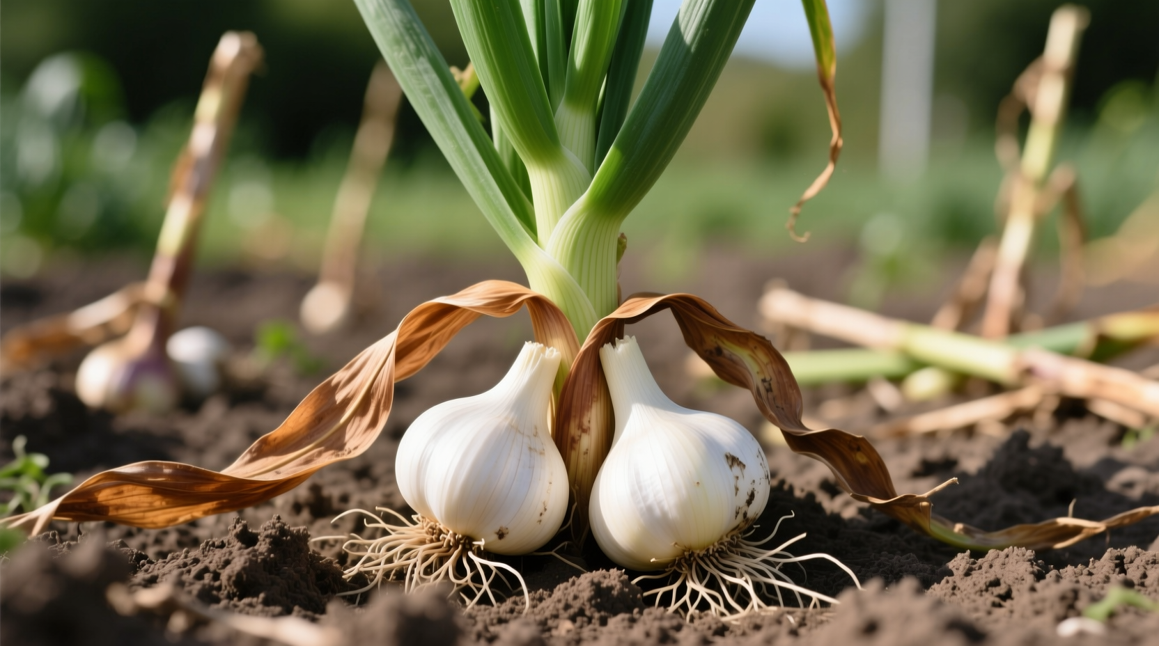 Garlic plant showing brown lower leaves ready for harvest