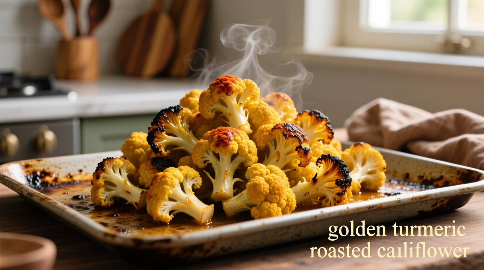 Golden turmeric roasted cauliflower on baking sheet