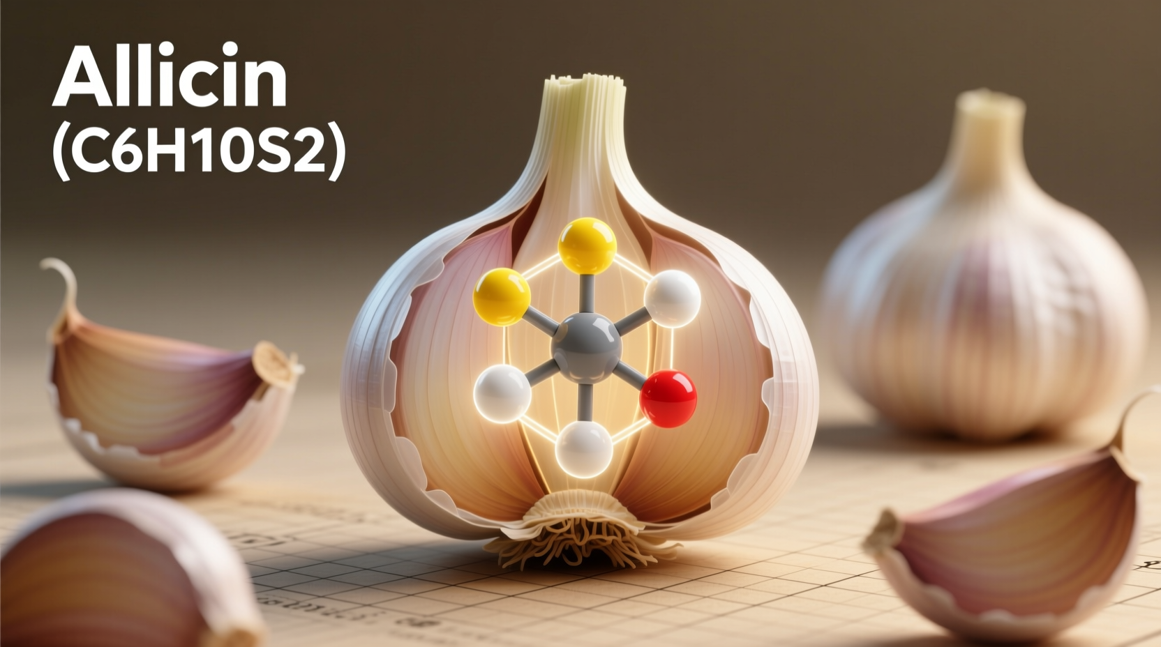 Garlic cloves with molecular structure of allicin