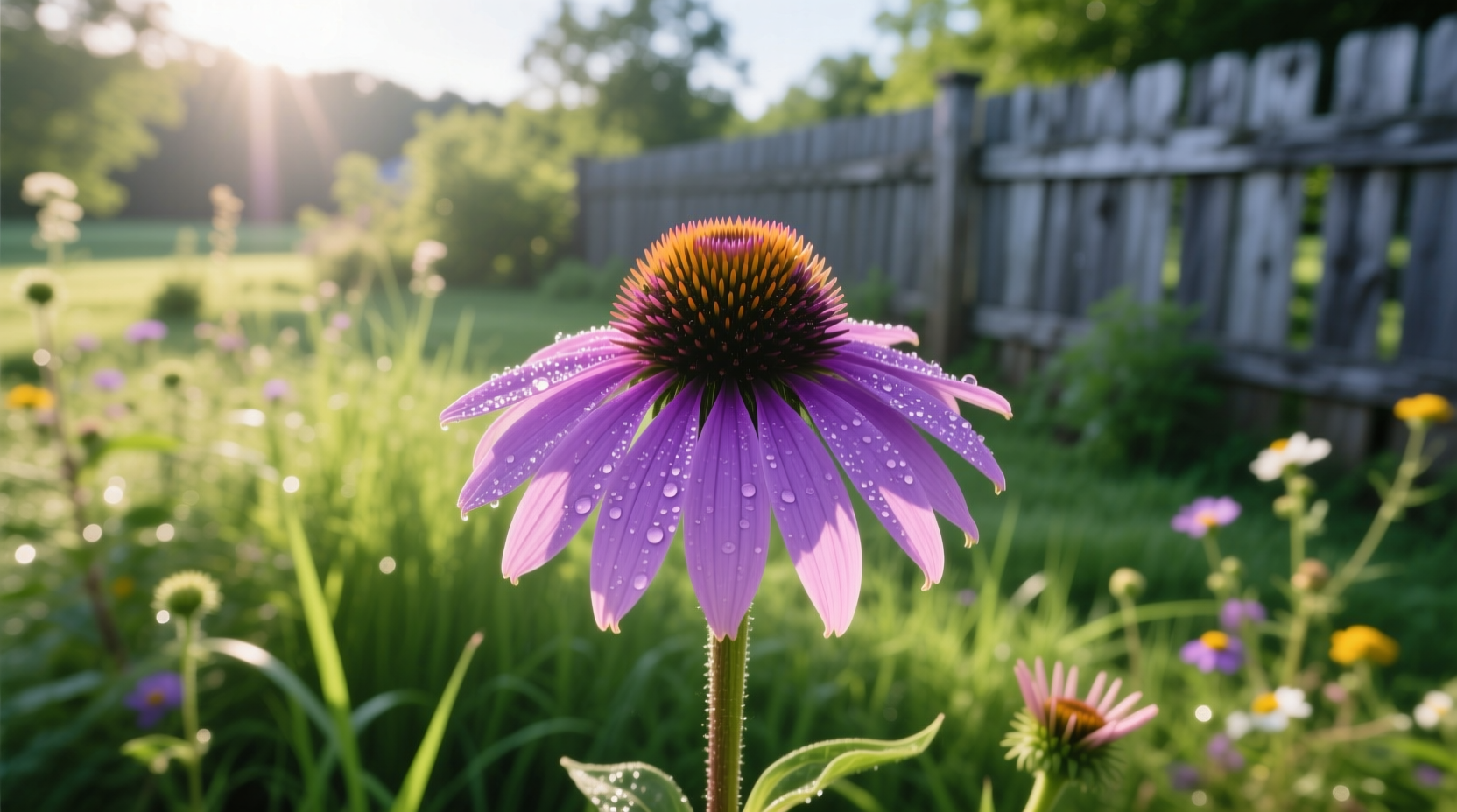 Purple coneflower blooming in Minnesota garden with bees