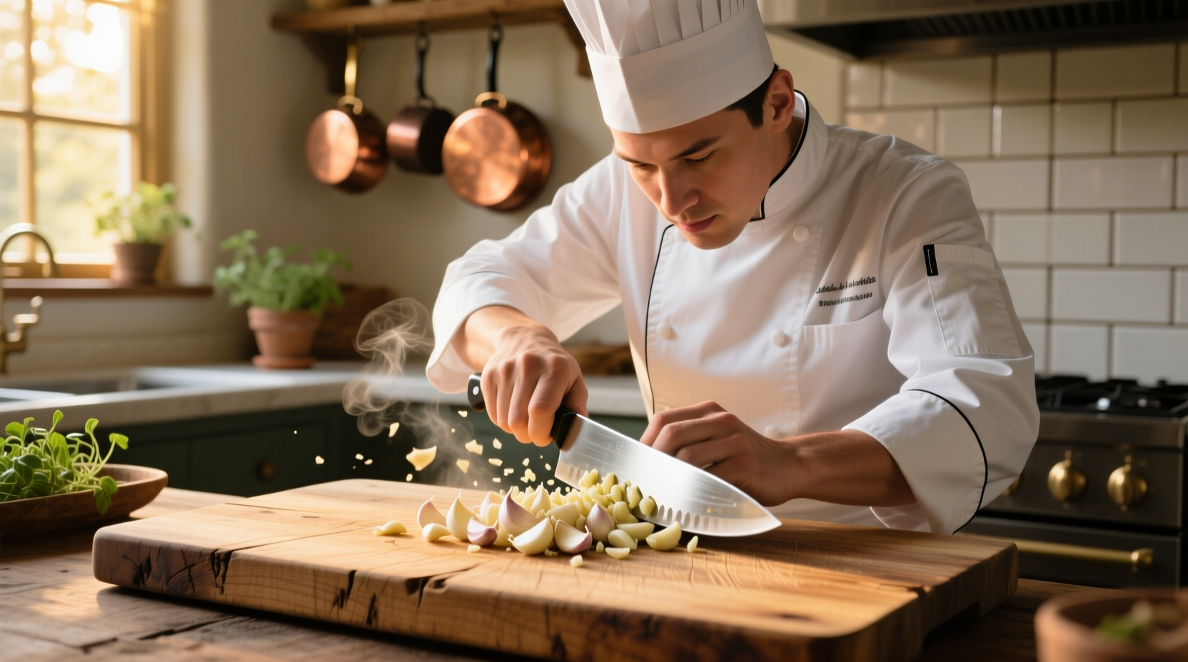 Professional chef mincing fresh garlic cloves on wooden cutting board