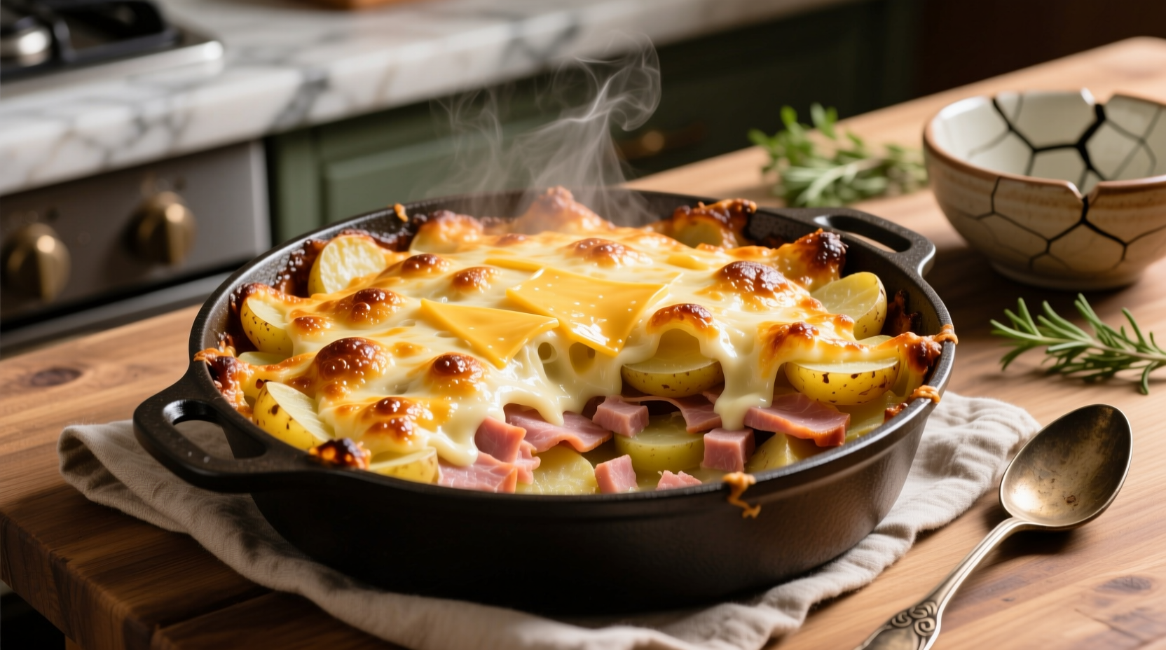 Golden brown ham and potato bake with melted cheese crust