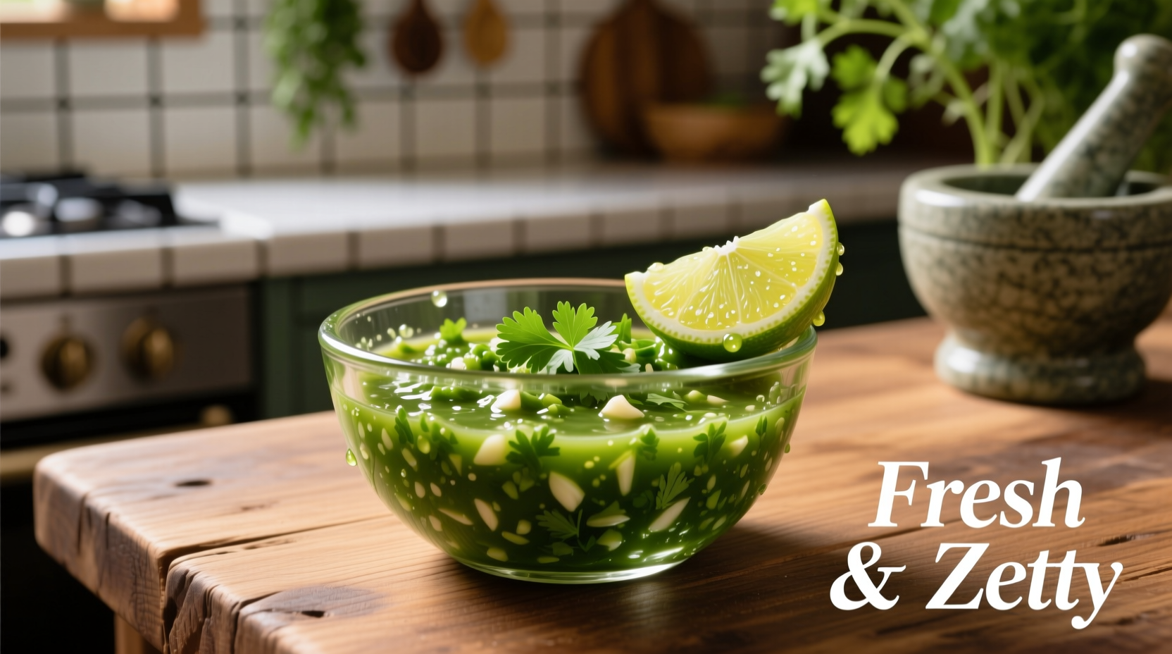 Fresh cilantro garlic sauce in glass bowl with lime wedge