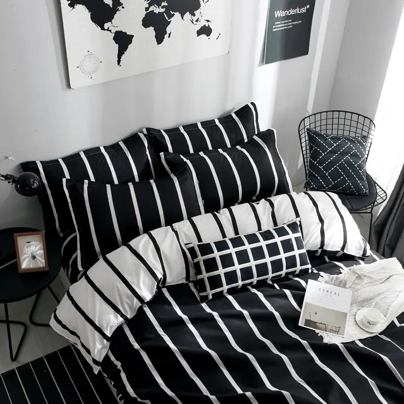 King Size Bed Comforter Set, Black and White  Print Bedding Set