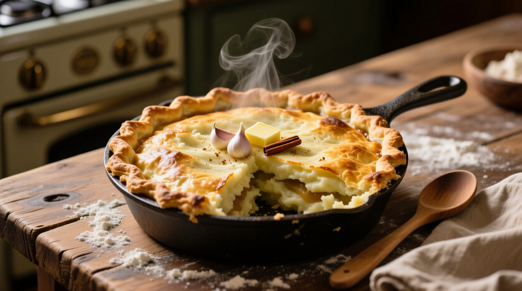 Traditional old fashioned potato pie with golden crust