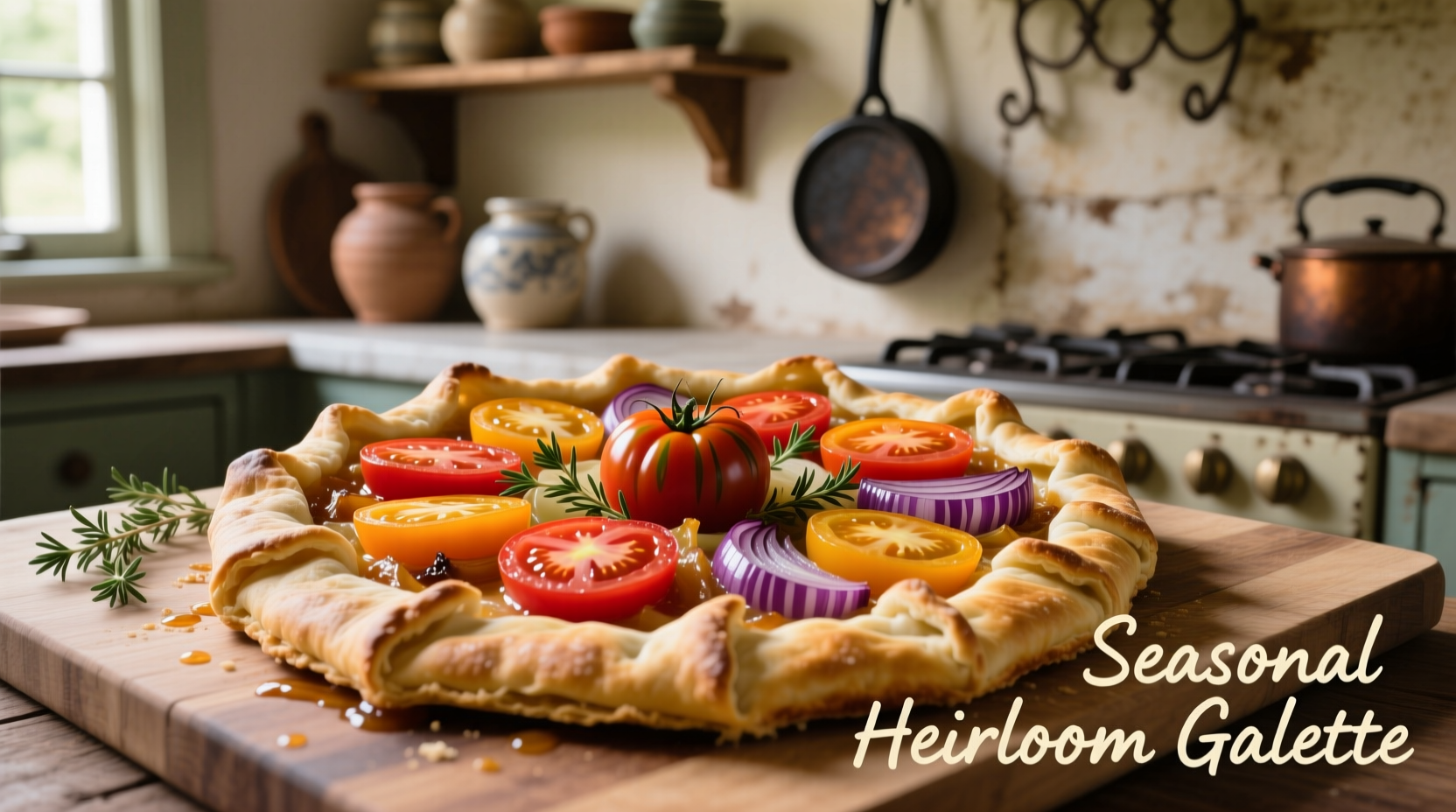 Rustic tomato galette with golden crust and vibrant heirloom tomatoes