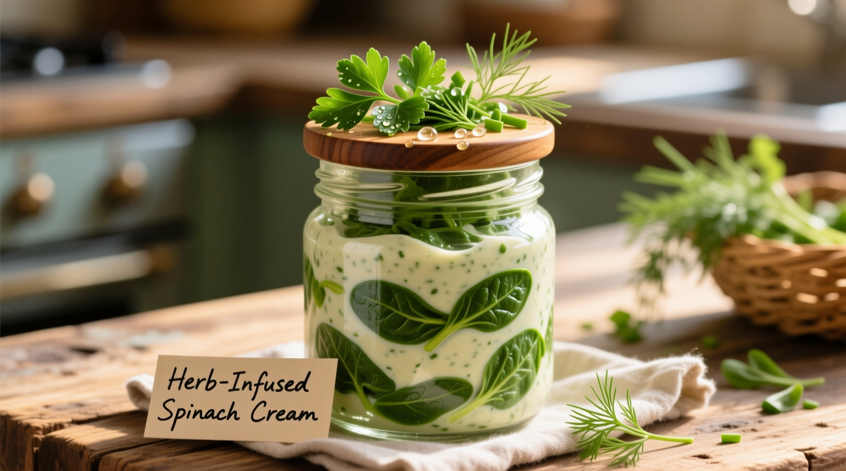 Creamy spinach salad dressing in glass jar with fresh herbs