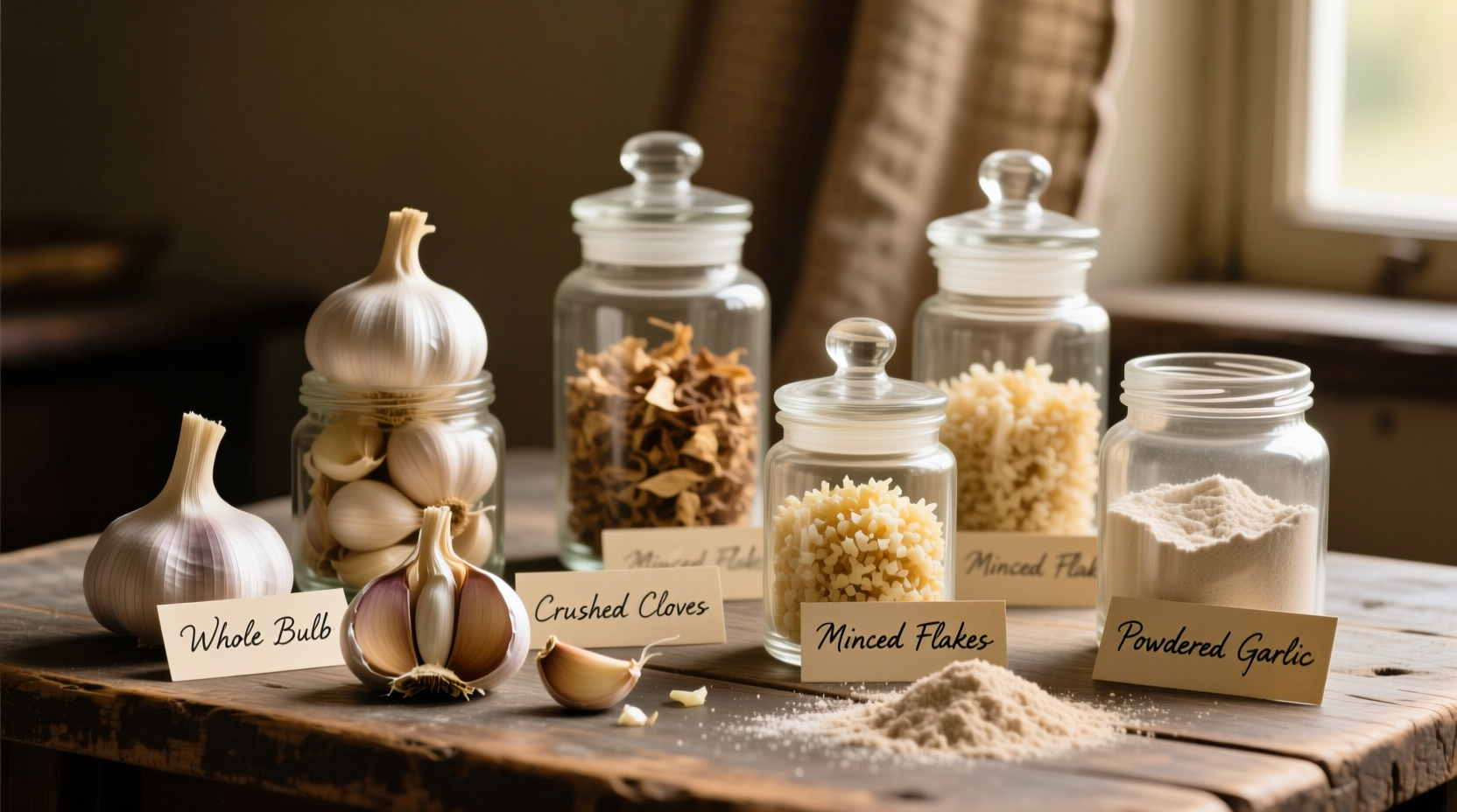 Various forms of dry garlic in glass containers